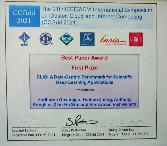 The CCGrid 2021 Best Paper Award, First Prize, certificate for DLIO, a data-centric benchmark for scientific deep learning applications, presented to Hariharan Devarajan, Huihuo Zheng, Anthony Kougkas, Xian-He Sun, and Venkatram Vishwanath.