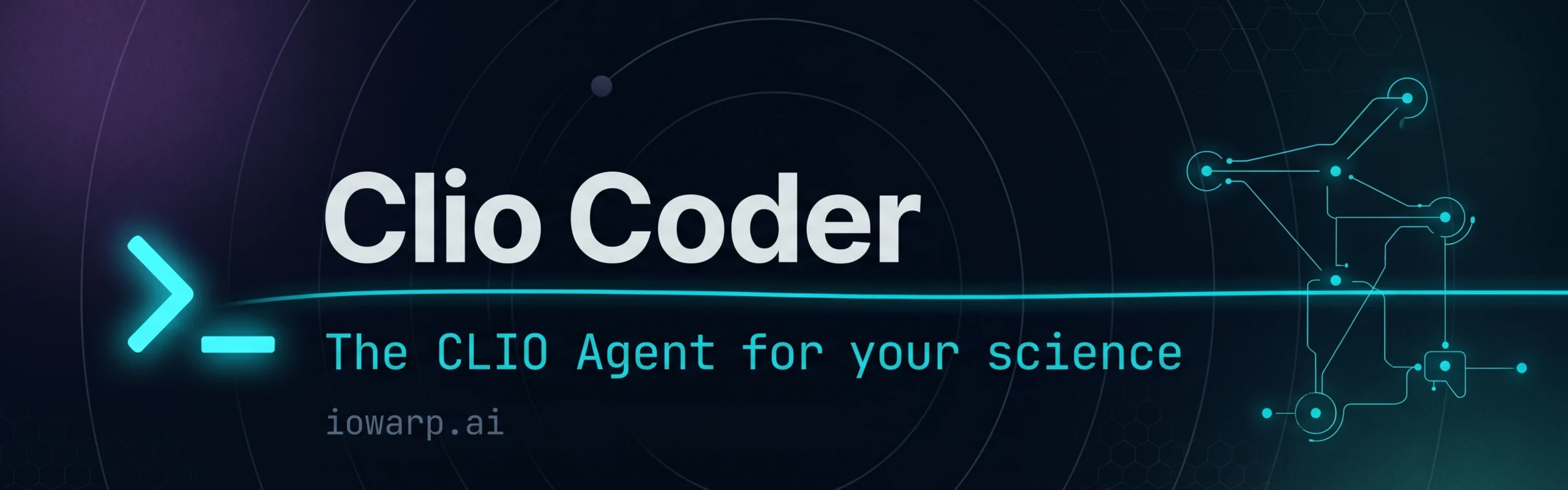 The Clio Coder banner, a terminal prompt beside the words Clio Coder, the CLIO agent for your science.